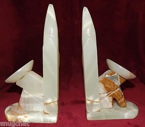 White Onyx Alabaster Bookends Mexican Men Siesta Cactus Rust Streaked Marble   - Picture 1 of 10