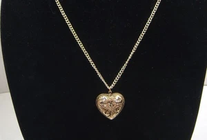 Large Gold Tone Puffy Heart Pendant Necklace 27" VTG Scrollwork Etched Jewelry - Picture 1 of 5