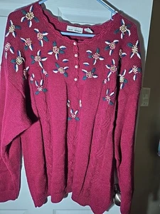 Sarah Richards Women’s Cardigan Sweater Cranberry W Florals Sz 22 - Picture 1 of 7