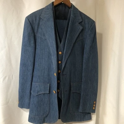 Traje Denim Vintage Años 70 3 Piezas Chaqueta Chaleco Pantalones Campana Bottoms Ocio G2U Foto 1 de 4