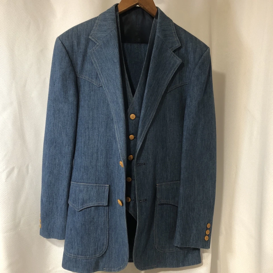 Traje Denim Vintage Años 70 3 Piezas Chaqueta Chaleco Pantalones Campana Bottoms Ocio G2U Foto 1 de 4