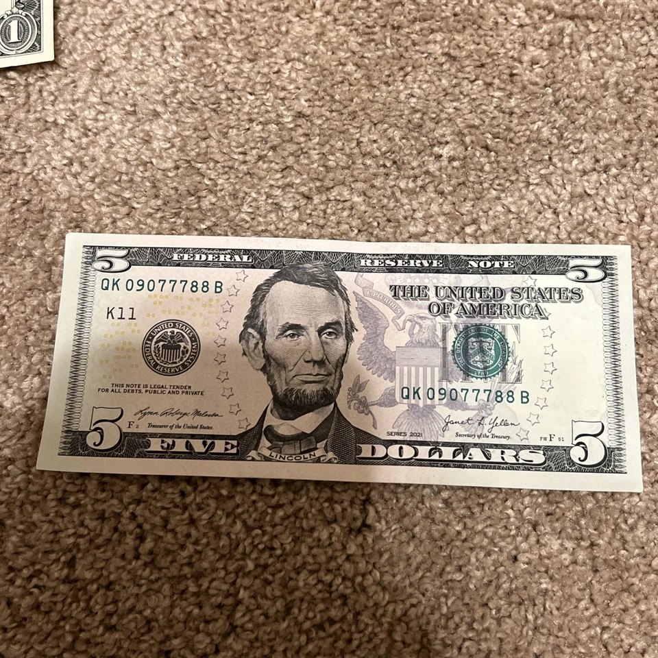 2021 5$ Bill Rare Serial Number Lucky “7s” 777 - 09077788 - Image 1 of 2