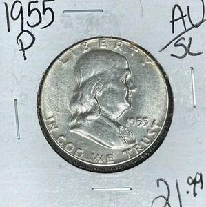 1955 FRANKLIN SILVER HALF DOLLAR ~ AU/SL/UNC ~NICE COIN~ - Picture 1 of 2
