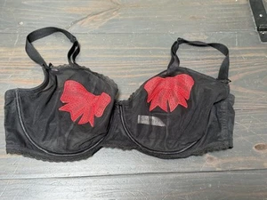 Cacique Bra Women's Size 42DD Black With Red Bows Underwire Unlined Semi Sheer - Picture 1 of 4
