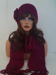 DARK BOYSENBERRY HAND CROCHET FLOWER HAT AND SCARF SET BEANIE SKULL SKI CAP TAM - Picture 1 of 12