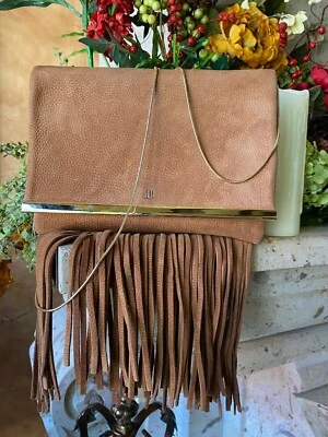 CH CAROLINA HERRERA GRAINED SUADE FRINGE FLAP CLUTCH / CROSSBODY HANDBAG - Image 1 of 4