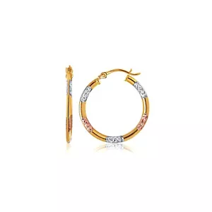 Orecchini a cerchio classici oro tricolore 10k con dettagli taglio diamantato (20 mm) - Foto 1 di 4
