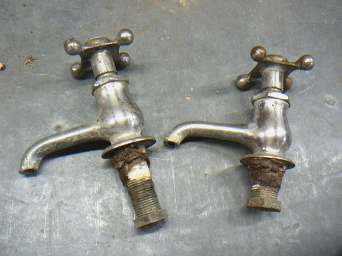 PAIR ANTIQUE NICKLED BRASS FAUCETS With WHITE PORCELAIN HOT & COLD INSERTS GOOD Cover