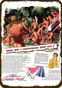 1943 GAY NUDE SOLDIERS BATHE CANNON TOWEL VntgLook DECORATIVE REPLICA METAL SIGN - Picture 1 of 1