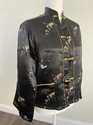 Chaqueta Kimono Mujer Negra Seda Flor Bordada Forrada Bolsillos Talla 32 Foto 1 de 4
