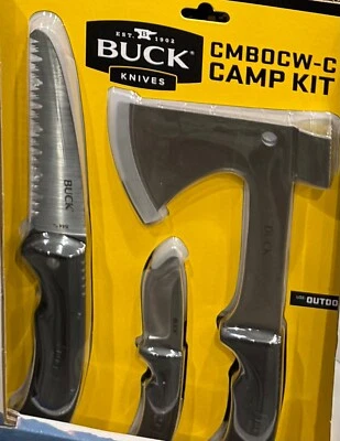 New BUCK Knives Camp Kit Folding Saw, Fixed Blade Knife & Sheath, Axe & Sheath - Image 1 of 2