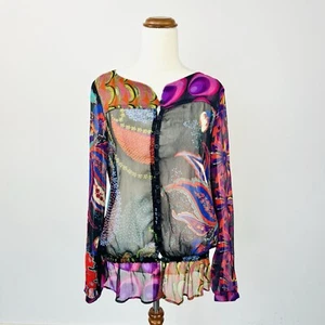 Desigual Womens Blouse Top Black Sheer Quirky Unique Art Long Sleeve Size XS - Picture 1 of 5