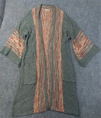 Easel Sweater Duster Cardigan M/L Long Gray Pink Flare Sleeves Pockets Stretch - Image 1 of 4