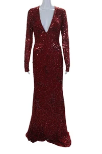 Badgley Mischka Couture Womens Sequin V-Neck Long Sleeve Gown Red Size 0 - Picture 1 of 6