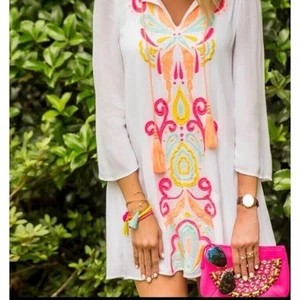 Abito tunica Lilly Pulitzer Ellie resort bianco ricamo neon nuovo con etichette piccolo foderato - Foto 1 di 11