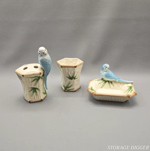 Vintage Fitz & Floyd handbemalter Bambus mit blauem Sittich Badezimmer 3er Set - Bild 1 von 9