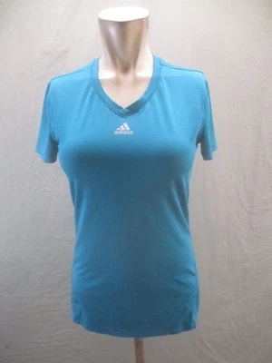 阿迪达斯 S 码女式蓝色 Climalite V 领短袖标志运动 T 恤 910 — 第 1/4 张图片