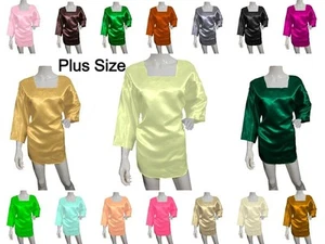 Shiny Silk Regular OutFit Satin Top 3/4th sleeve Square Neck Top Plus Size S114 - Picture 1 of 47