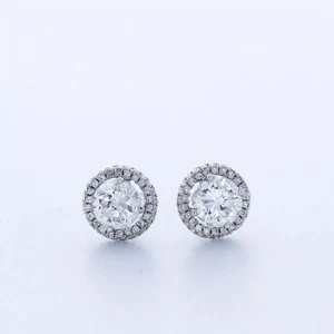 Solid 14K White Gold Stud Earrings Halo 1.53 Carat Round Natural Diamond E SI1 - Picture 1 of 5
