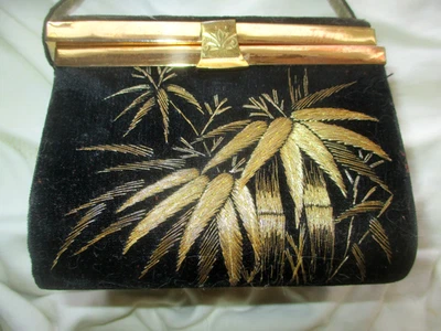 Vintage 50s 60s Black Velvet Gold Embroidered Box Purse Miyata Bamboo As Is - Image 1 of 4