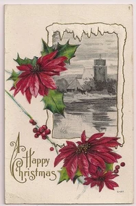 A Happy Christmas 127 Embossed Christmas Poinsettia Flower Postcard - Picture 1 of 1
