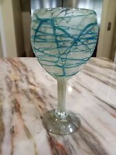 Cristaluc Iridescent White Teal Swirled Hand Blown  Wine Glass Goblet Mexico 