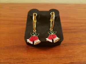 Christmas Bells Earrings Retro Style Enamel Red Dangle Drop Hoops New - Picture 1 of 4