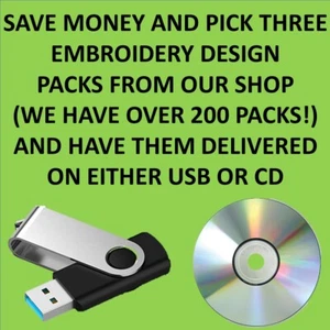 elige tres paquetes de diseño de bordado PES DST JEF en USB / CD de más de 200 paquetes - Imagen 1 de 1