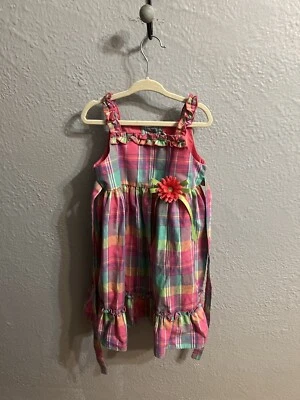 Girls sundress size 4T purple pink plaid pink purple, teal green - Image 1 of 4