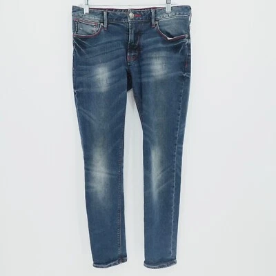 Pantalones de mezclilla Armani para hombre 30x30 azul calce bajo ajustado J06 bigote preppy desgastado desvanecido Foto 1 de 4