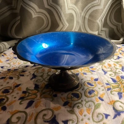 Mundial vintage. A. ROGERS Plato de Plata Azul Esmalte Pedestal Compota Caramelo Plato Cuenco Foto 1 de 4