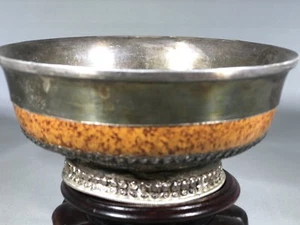 Antique 19/20th Century Old Tibet Noble Pure Silver Root Offering Bowl - Picture 1 of 8