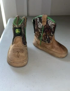 Baby Infant John Deere Johnny Popper Mossy Oak Wellington Leather Boots Size 4M - Picture 1 of 8
