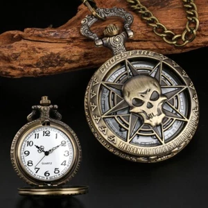 Bronze Totenkopf Geist hohl Quarz Taschenuhr Anhänger Kette für Männer Frauen Geschenke - Bild 1 von 10