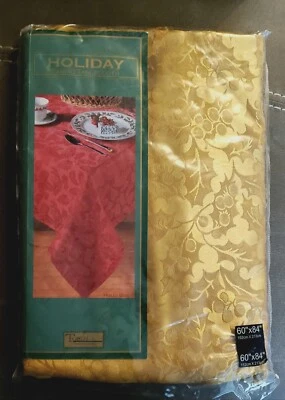 New! Gold Holly Berry 60” X 84” Oval Tablecloth 100% Polyester Nice! NIP NOS - Image 1 of 4