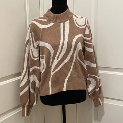 French Connection 女式 XL Mock 颈部气球袖漩涡毛衣棕色白色 — 第 1/4 张图片