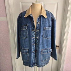 Bill Blass Vintage Denim Chore Coat Barn Jacket Women's Size M Corduroy Collar - Picture 1 of 7