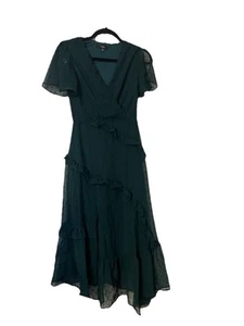 Lulu’s Next to You Dark Green Swiss Dot Ruffled Midi Dress Sz XS Asymmetrical - Picture 1 of 8