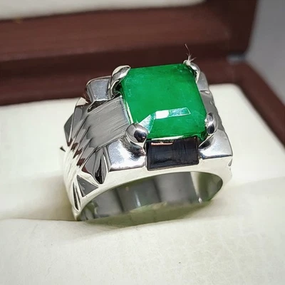 Mens Emerald Ring, Natural Beryl 925 Sterling Silver Ring, Zamurd Ring For Men - Image 1 of 4