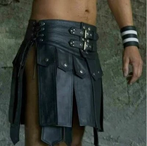 Herren Schwarz Leder Kilt Leder Gladiator Kilt Douglas Tartan Kilt Römer Kilt - Bild 1 von 1