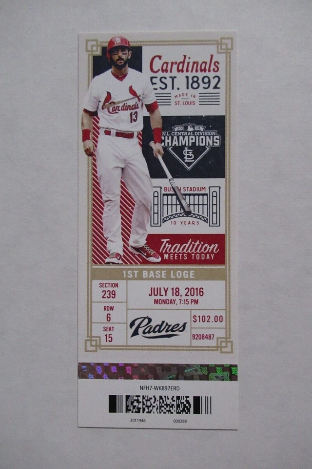 Boleto completo St. Louis Cardinals vs Padres 18/07/2016 ~ KEMP/GYORKO/PISCOTTY+ HRs Foto 1 de 1