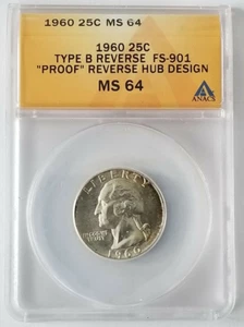 1960 Washington Quarter 25C Type B Reverse FS-901 Proof Reverse Hub Design MS64 - Picture 1 of 2