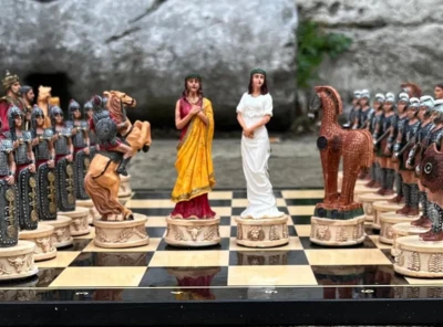 Spartans vs Trojans Chess Set – XL Resin Pieces, Solid Wood Board, Collector Gif - Image 1 of 4
