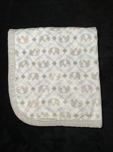 Blankets & Beyond Baby Blanket Elephant Blue Sherpa Gray Trim White Soft Lovey - Picture 1 of 4