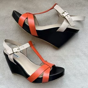 Dune London Gangster Orange Black Tan Leather Wedge Sandal Shoes EU 40 US 10 - Picture 1 of 19