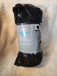 Outer Space Rocketship Moon Planets Comfort Bay Fleece Throw Blanket 50x60 Black - Picture 1 of 4