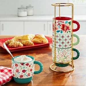 Cinco (5) tazas apilables florales de mujer pionera Merry Meadows con estante - Imagen 1 de 3