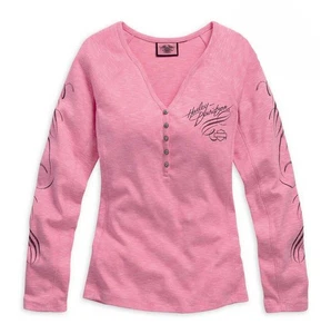 Harley Davidson Shirt Womens XS Pink Long Sleeve Henley Graphic Motorcycle Top - Picture 1 of 6