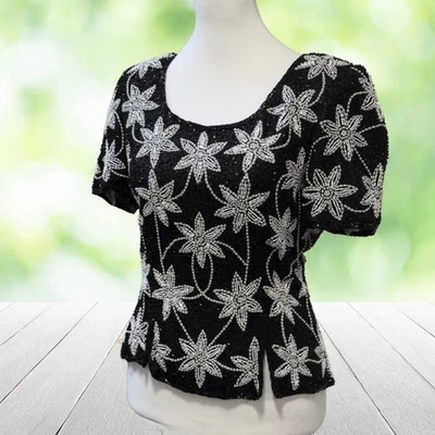 Etiqueta superior vintage LAURENCE KAZAR M para XS S negra seda con cuentas florales noche años 80 Foto 1 de 4