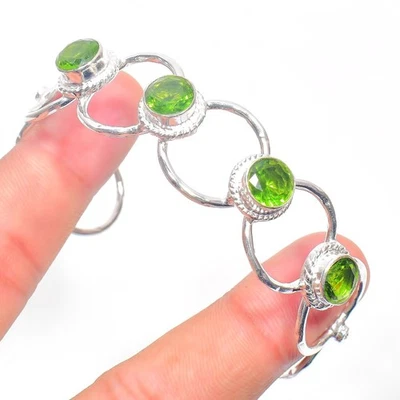 Green Peridot Gemstone 925 Sterling Silver Jewelry Cuff Bracelet Jewelry ADJ - Image 1 of 4